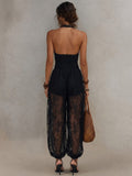 Black Textured Cotton Halter Deep V-neck Smocked Waist Lace Sheer Lantern Jumpsuit