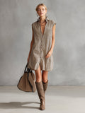 Elegant And Casual Khaki Striped Collared Front Button Sleeveless Mini Dress