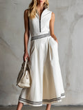 Elegant Sporty Striped TrimWhite Cotton Sleeveless Midi Dress