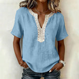 Casual Short-sleeve Top With Lace-trimmed Collar (linen & Cotton)