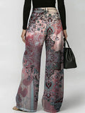 Women's Retro Floral Art Print Casual Stylish Hollow Denim Pants