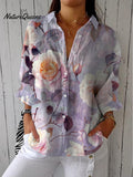 Women's Vintage Floral Art Print Casual Cotton Linen V-neck Shirt