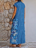Vacation-style Retro Floral Patchwork Cotton-linen Midi Dress