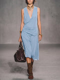 Women's Solid-color V-neck Sleeveless Loose-fit Cotton Casual Dress