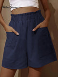 Cotton and Linen Wear High-waisted Shorts with Buds