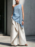 Women's Casual Cotton-linen Set: Off-shoulder Sleeveless Loose-fit Top & High-waisted Wide-leg Pants
