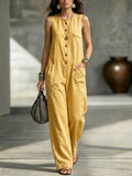 Women's Crew Neck Sleeveless Multi-pocket Jumpsuit
