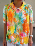 Retro Watercolor Floral Cotton-linen Short-sleeve Shirt