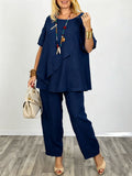 Casual Linen And Cotton Two-piece Top And Pants Set