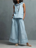 Casual Linen And Cotton Two-piece Set: Sleeveless Hooded Top And Pants