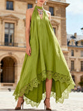 Women's Solid-color V-neck Sleeveless Loose-fit Cotton-linen Casual Dress