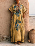 Women's Casual Loose Cotton-linen Dress With V-neck Short Sleeves And Placement Print