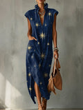 Mystical Astrological Starry Sky Decorative Pattern Women's No Sleeve Linen Cotton Dress