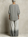 Women's Striped Print V-neck Long-sleeve Casual Loose Cotton-linen Top & High-waisted Wide-leg Pants Set