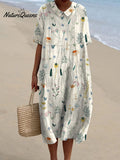Women's Vintage Lovely Floral Art Print Casual Pocket Linen Dress（Convertible Dress With Front And Back Option）