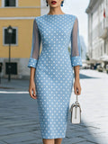 Women's Polka Dot Print Round Neck 3/4-sleeve Casual Slim-fit Pencil Dress
