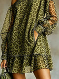 Leopard Print Off-shoulder Cropped Dress With Mesh Sleeves