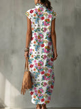 Elegant Colorful Floral Decorative Pattern Women's No Sleeve Bud Collar Linen Cotton Dress