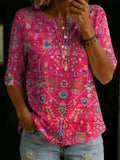 Women's Flower Print Classic 100% Cotton Henley T-shirt