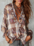Women's Plaid Print V-neck Long-sleeve Casual Loose Chiffon Top