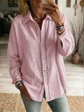 Casual Long-sleeve Linen-cotton Shirt With Spliced cutout Webbing