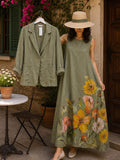 Women's Crew-neck Sleeveless Casual Loose Cotton-linen Dress With Placement Print And Solid-color Long-sleeve Cotton-linen Cardigan Set