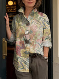 Artistic Watercolor Botanical Print Shirt — Loose-fit, Breathable Top With Large Buttons And 3/4 Sleeves (versatile Style)