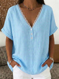 Solid-Color Short-Sleeve Top with Lace-Trimmed Collar