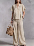 Women's Cotton-Linen V-Neck Casual Set for Beach Vacations