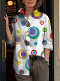 Fun Colorful Circle Decorative Pattern Women's Long Sleeve Linen Cotton Shirt