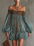 Leopard Print Off-shoulder Puff-sleeve Cropped Dress