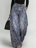 Women's Retro Floral Art Print Casual Stylish Hollow Denim Pants
