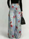 Elegant Floral Decorative Patterns Women's Denim Pants