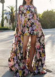 Women's Floral Art Casual Stylish Short Front And Long Shawl Dress