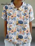 Women'sFlowerArt Print Casual Cotton And Linen Shirt