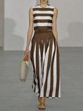 Women's Striped Cotton Two-piece Set: Crew Neck Sleeveless Loose-fit Top & High-waisted Wide-leg Pants