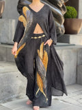 Boho Feather Print Long Shirt And Pants Two-piece Set
