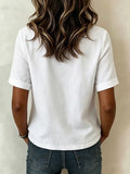 Women's Round Neck Button-front Casual Style Short-sleeve Cotton-linen Top