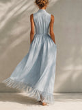 Casual Sleeveless Linen And Cotton Dress With Fringes