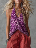 Women's Leopard Print V-neck Sleeveless Casual Loose Chiffon Top