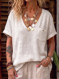 Casual Cozy V-neck Cotton-linen Shirt Top