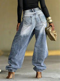 Rhinestone Fringe Double Waistband Wide Leg Denim Jeans