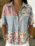 Women's Retro Botanical Print Casual Short-sleeve Linen-cotton Shirt With Polo Collar