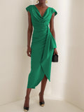 Women's Solid-color Short-sleeve Casual Slim-fit Dress With Cowl Neck And Ruching