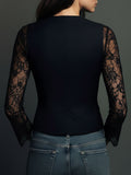 Women's Solid-color V-neck Long-sleeve Top With Lace Splicing — Casual Loose Fit