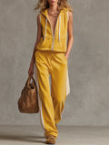 Sporty Retro Striped Yellow Cotton Blend Sleeveless Hooded Sweatshirt And Pants Set