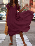 Temperament Cotton and Linen Loose V-neck Women's Dress