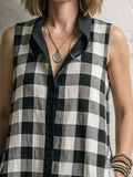 Black & White Gingham Patchwork Sleeveless Linen-cotton Shirt Dress