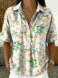 Artistic Watercolor Floral Print Short-sleeve Collared Shirt With Half-button Placket