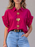 Women's Solid-color Short-sleeve Casual Loose Cotton Cardigan With Shirt Collar